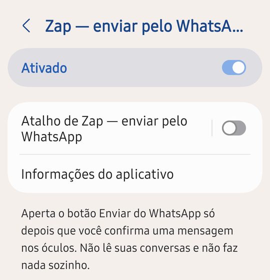 Tela de Acessibilidade do Zap num Samsung: Ativado ligado, Atalho desligado
