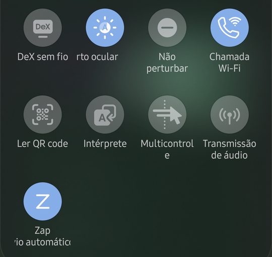 Painel rápido de um Samsung com o botão Zap, Envio automático, ligado (azul)